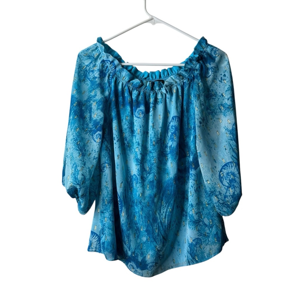 White House Black Market Blue Off Shoulder Metallic Clip Dot Blouse